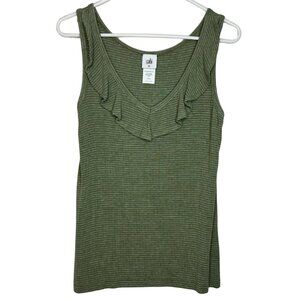 CAbi Wink Tank Green Olive Stripe Ruffle V-Neck #6143